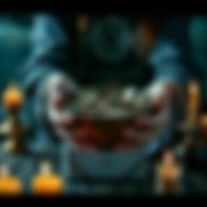 A person holding a bowl filled with coins and herbs, surrounded by candles and symbols of Hecate, reflecting financial transformation