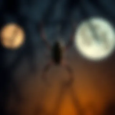 A spider on a web with a moonlit background, symbolizing Hecate's connection to the night and mystery.