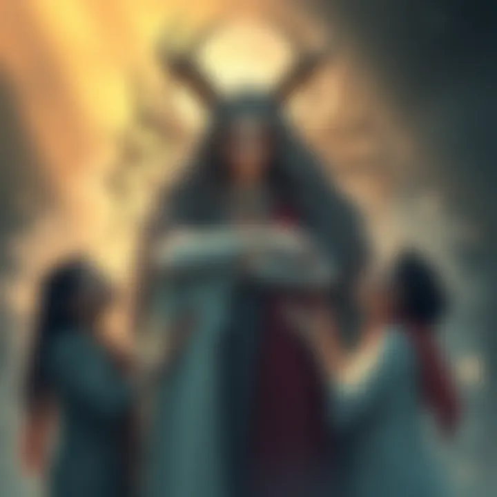 A comforting figure representing Hecate, surrounded by gentle light, offering support to individuals. Their expressions show relief and peace as they receive guidance.