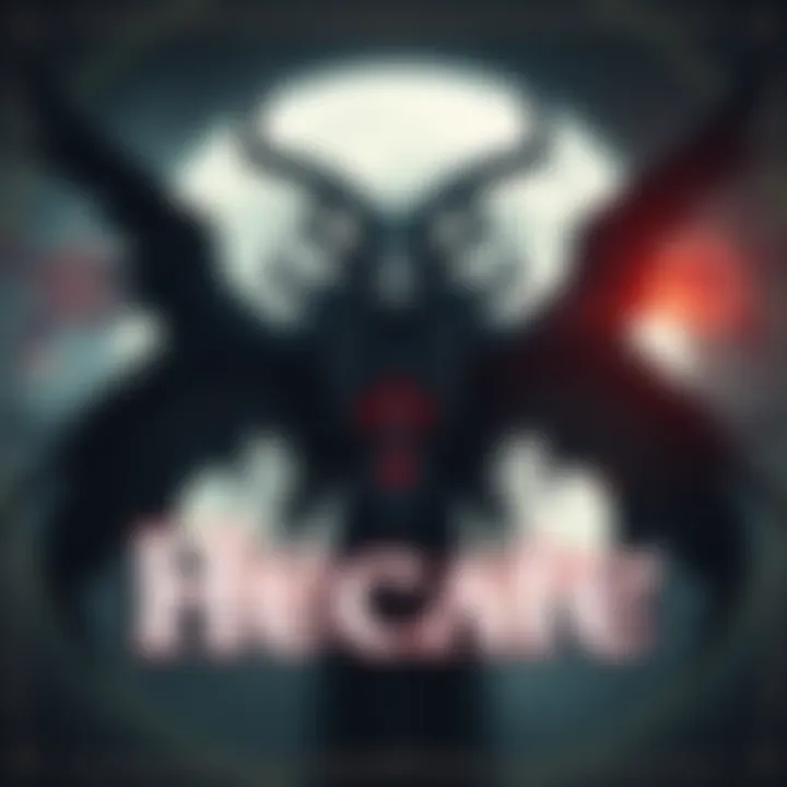 A dark figure representing Hecate with three heads, surrounded by mystical symbols and a moonlit background.