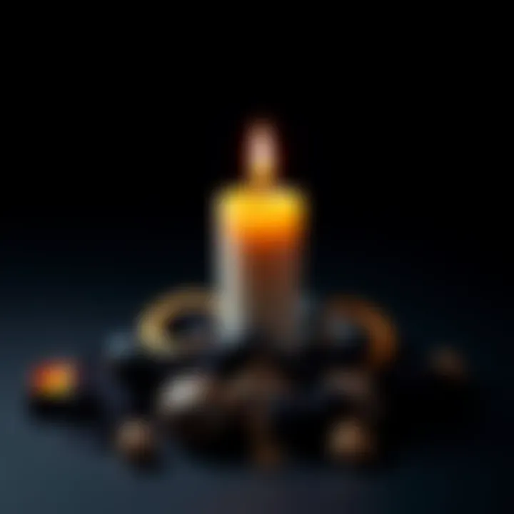 A candle surrounded by symbols associated with Hecate, including a key and crescent moon, representing the debate on her spelling.