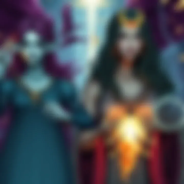 An artistic representation of Hecate, the protective goddess with a three-headed figure, alongside Circe, a sorceress with magical elements around her, symbolizing their contrasting roles in mythology.