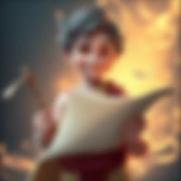 A depiction of Hedylogos, a young god with a charming smile, holding a quill and parchment, surrounded by swirling words and soft light.