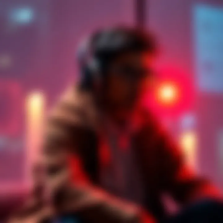 Person listening to height subliminal audio Individual sitting with headphones, focused on subliminal audio about height increase.