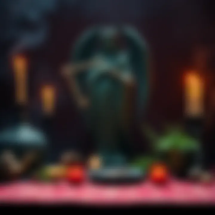 An altar set for Hekate with candles, herbs, and a statue of her holding keys, surrounded by dark colors and mystical symbols.