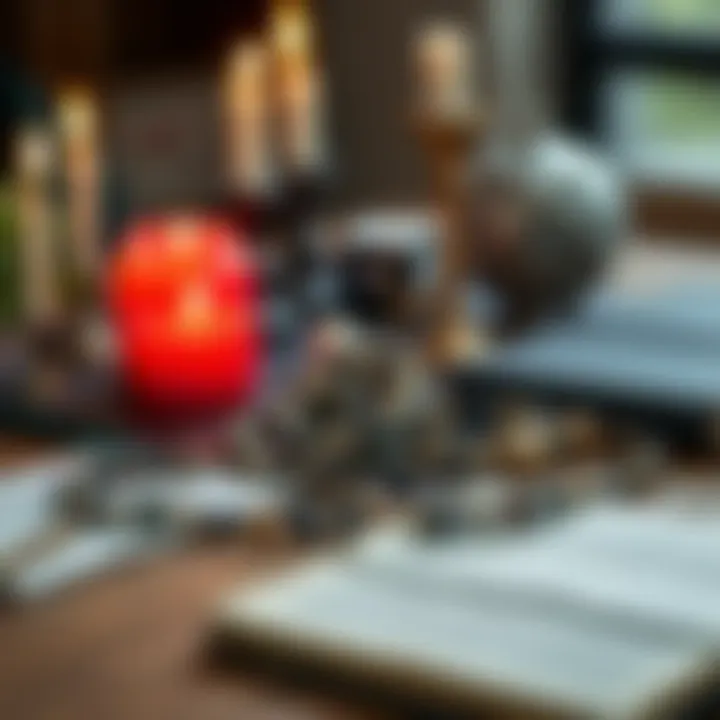 A collection of handmade Hekate invocation beads, each crafted from different materials, displayed on a wooden table with candles and a journal nearby.