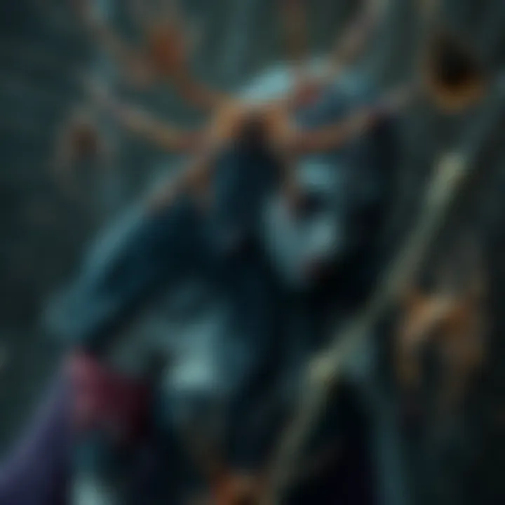 A depiction of Hekate surrounded by spiders and webs, symbolizing her connection to fate and weaving in ancient mythology.