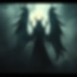 Hel, the Norse goddess of death, with half her face in shadows, representing her connection to the underworld, surrounded by dark mist