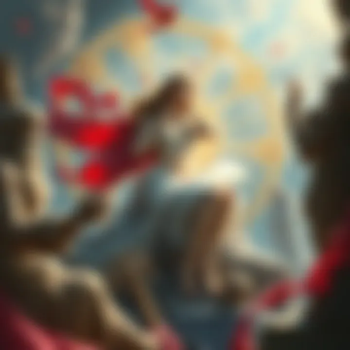 An artistic scene depicting Helen's seduction, showing her surrounded by symbols of love and fate, as characters from ancient myths gaze upon her allure.