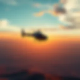 A helicopter flying at a low altitude above a flat terrain, showcasing the horizon and open space