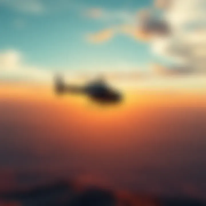 A helicopter flying at a low altitude above a flat terrain, showcasing the horizon and open space
