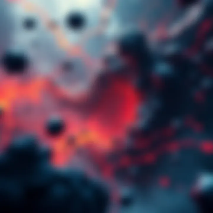 An abstract representation of the Hell Universe Theory showing chaotic interactions and a blend of life forms evolving from cells to humans in a turbulent environment.