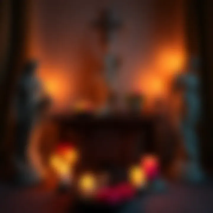A small apartment altar featuring statues of Hera, Athena, and Medusa, decorated with offerings like flowers and candles.