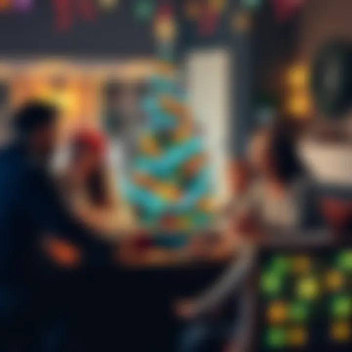 A family gathers around a decorated Christmas tree, sharing traditional food and joy during Yule in Denmark.