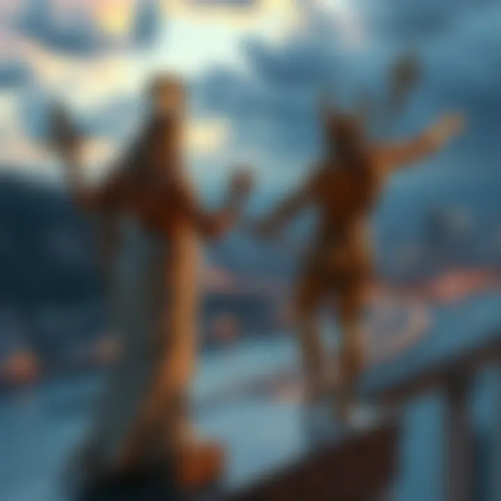 A depiction of Greek gods Zeus and Poseidon overlooking a modern city, highlighting the contrast between ancient reverence and contemporary dismissal.