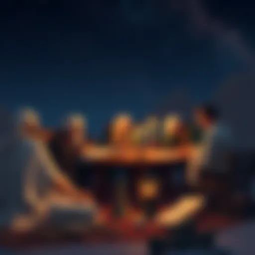 A group of writers discussing Hellenic practices around a candlelit table, with scrolls and ancient artifacts scattered. The background shows a starry night sky, symbolizing the kingdom of Vyrellune.