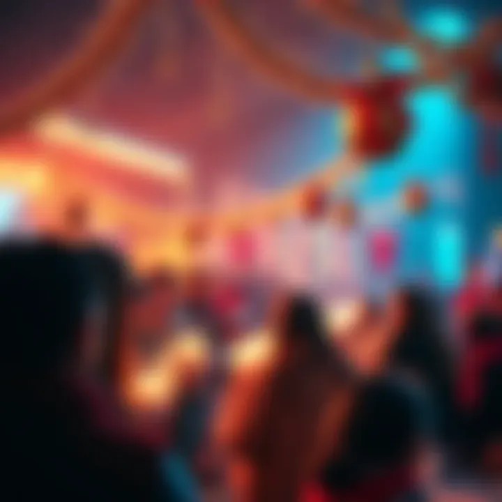 A group of people celebrating with traditional Hellenic symbols and festive decorations, showcasing a blend of modern and ancient customs during a holiday event.