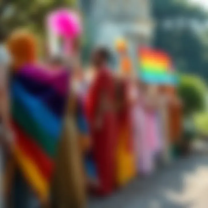 Hellenic Pagan Gathering A diverse group of people celebrating in a Hellenic pagan ceremony, with colorful robes and symbols representing queer and gender fluid identities, surrounded by nature.