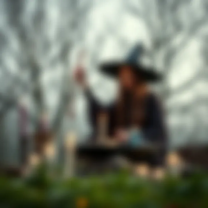 A witch performing a Hellenic pagan ritual outdoors with candles and herbs around her
