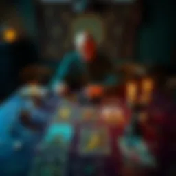 A Hellenic Pagan conducts a tarot reading with cards laid out on a table, featuring symbols associated with Loki, suggesting themes of change and growth.