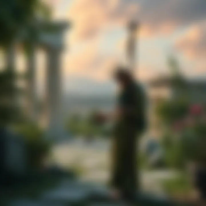 A serene outdoor scene showing a Hellenic practitioner with offerings for the Fae among ancient Greek ruins and lush greenery
