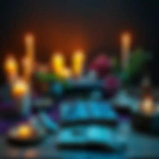 A serene scene showing a Hellenic Polytheist altar with candles, natural herbs, and symbols of gods, alongside witchcraft tools like crystals and a spell book.