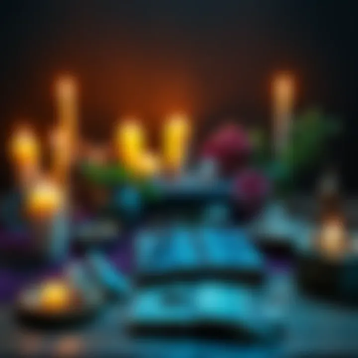 A serene scene showing a Hellenic Polytheist altar with candles, natural herbs, and symbols of gods, alongside witchcraft tools like crystals and a spell book.