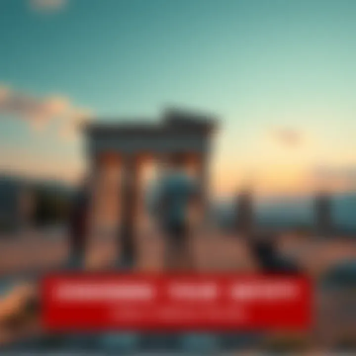 A person stands in a serene outdoor setting, contemplating which Greek deity to worship, with symbols of various gods around them.