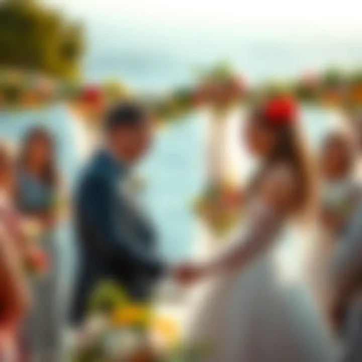 A joyful Hellenic Polytheist wedding ceremony outdoors in Cyprus, featuring a couple exchanging vows surrounded by flowers and supportive friends and family.
