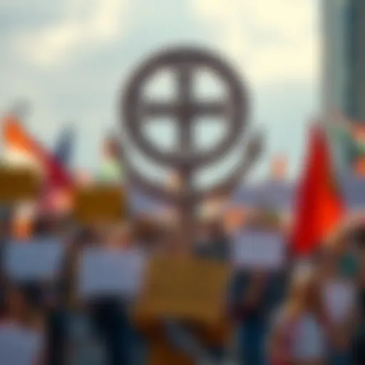 Symbol of Hellenic culture representing religious equality and diversity, surrounded by activists holding signs for representation and justice.