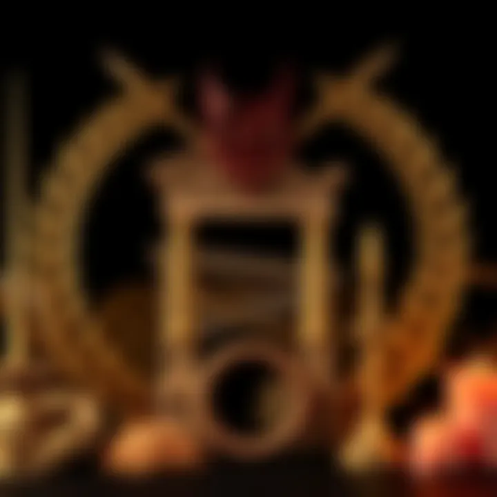 An arrangement of traditional Hellenic symbols representing polytheism and paganism, including laurel wreaths and ancient Greek architecture.