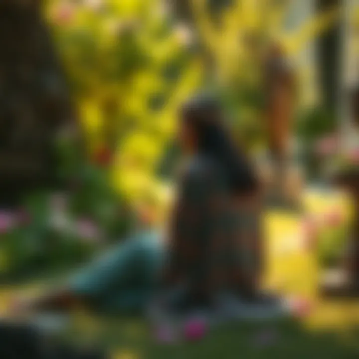 Hellenism and Faith A person sitting in a peaceful garden, surrounded by symbols of Hellenism, reflecting on their faith and connection to the goddess Hera.