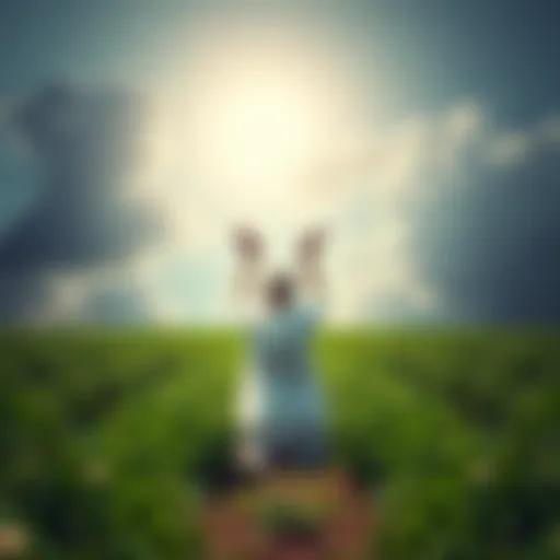 A person kneeling in a lush green field, looking towards the sky with their hands raised in prayer, seeking forgiveness from the gods of Hellenism and Mother Gaia.