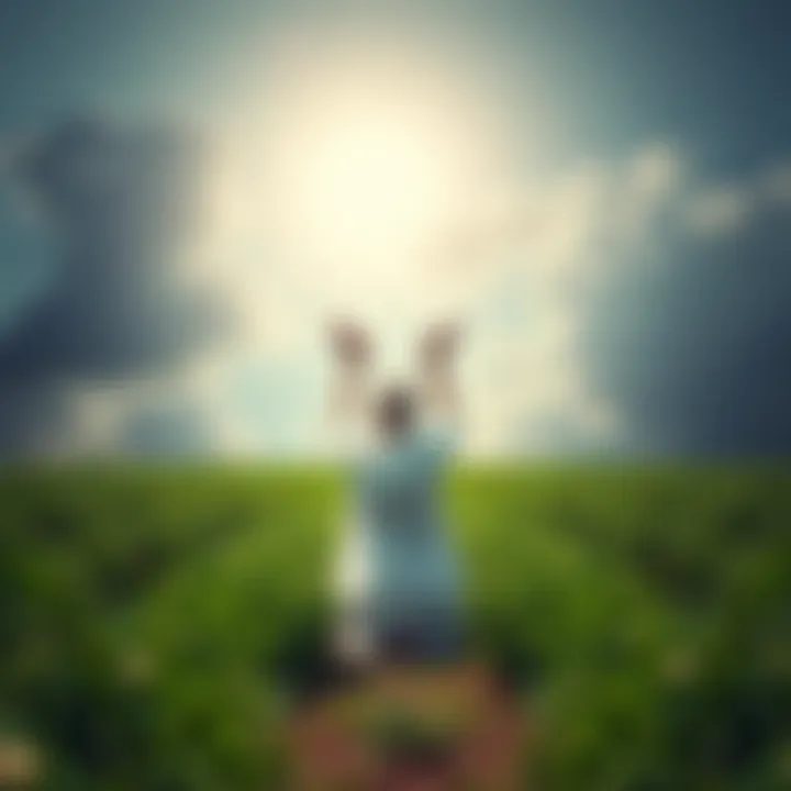 A person kneeling in a lush green field, looking towards the sky with their hands raised in prayer, seeking forgiveness from the gods of Hellenism and Mother Gaia.