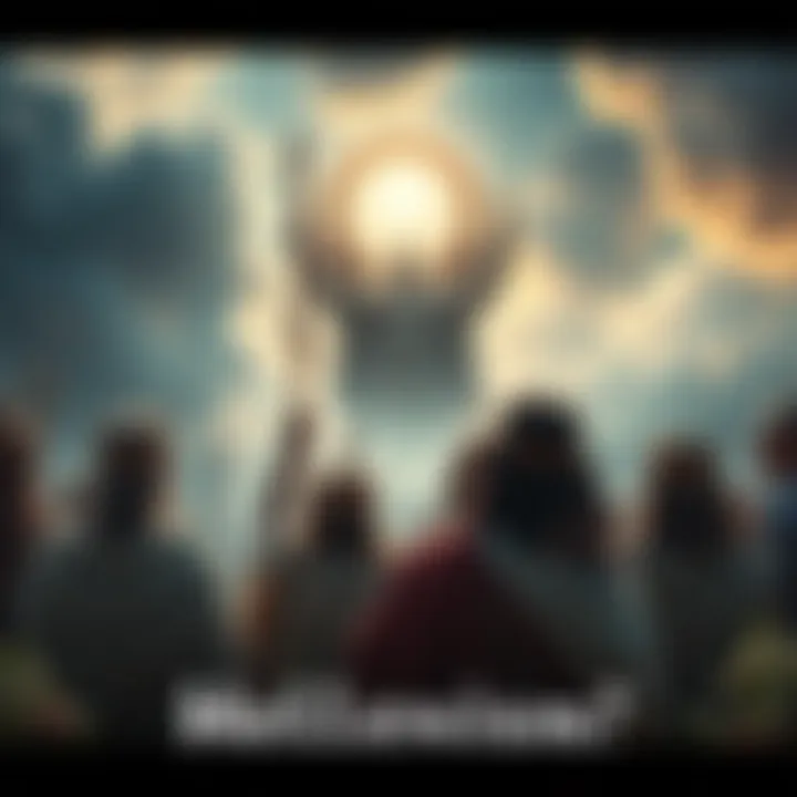 Hellenism Worshippers A group of people engaged in a ritual, looking upward as if in communication with gods, surrounded by nature and ancient symbols.