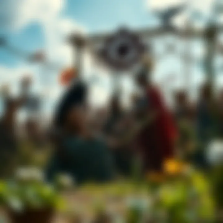 A group of people engaging in a Hellenistic pagan ceremony, surrounded by nature and traditional symbols.