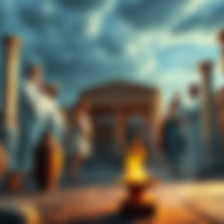 A group of people participating in a Hellenistic worship ceremony, surrounded by ancient columns and offerings to the gods.