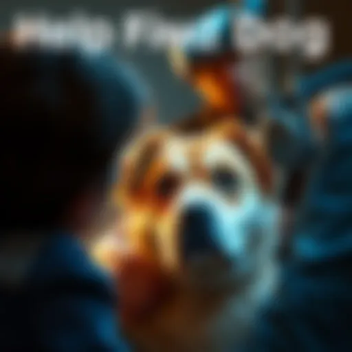 A worried owner searching for their missing dog, with a photo of a sweet dog in the background.