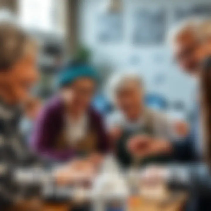 A group of seniors engaged in a community project, smiling and collaborating together, showing the joy of finding purpose beyond traditional jobs.