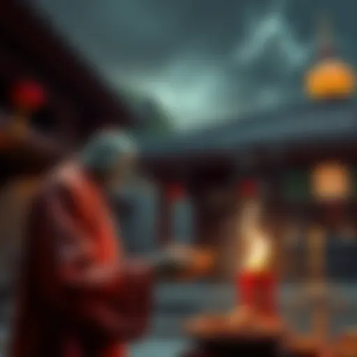 A person offering food and incense to hungry ghosts at a peaceful shrine, symbolizing aid for their rebirth