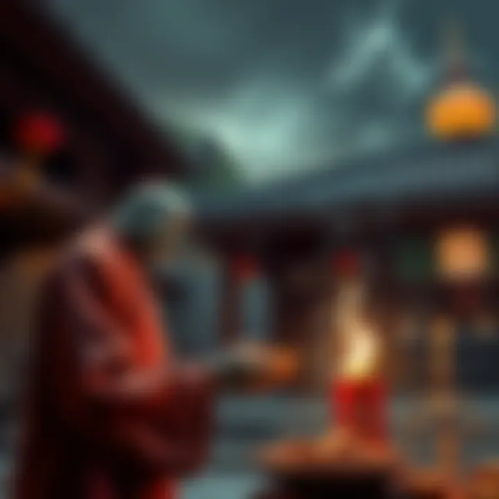 A person offering food and incense to hungry ghosts at a peaceful shrine, symbolizing aid for their rebirth