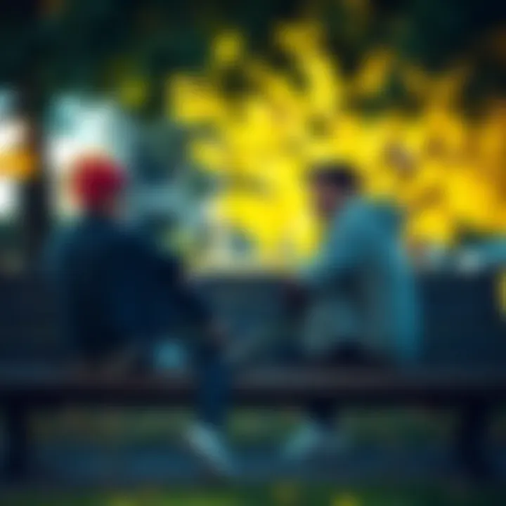 A person gently talking to a friend sitting on a park bench, both looking thoughtful and concerned, as they discuss a difficult breakup.