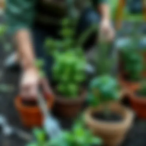 A novice gardener planting basil and rosemary in pots with soil and tools nearby.
