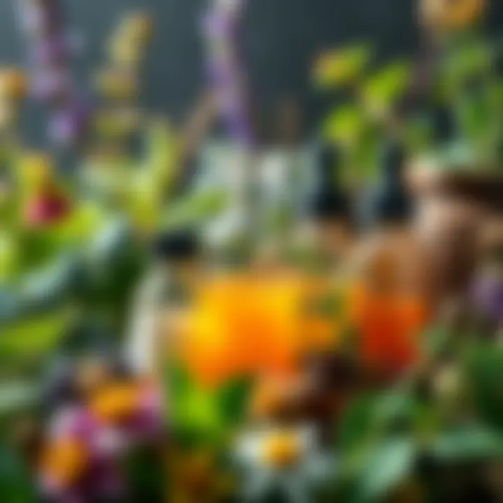 Bottles of herbal tinctures surrounded by calming plants and herbs