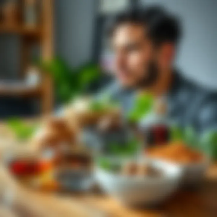 A close-up of a herbal formula with various natural ingredients in bowls, including herbs and oils, placed on a wooden surface. A male figure can be seen in the background, looking contemplative about...