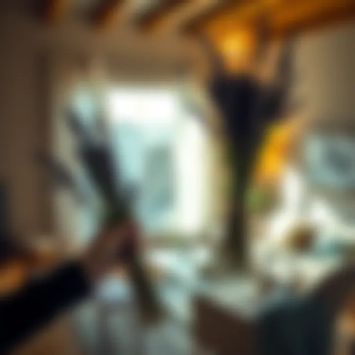 A person holding bundles of sage and lavender, preparing to cleanse a living room of negative energy.