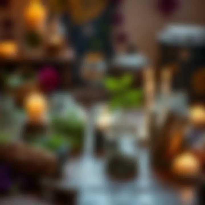 Assortment of herbs, candles, and spell jars on a wooden table used for magic practices