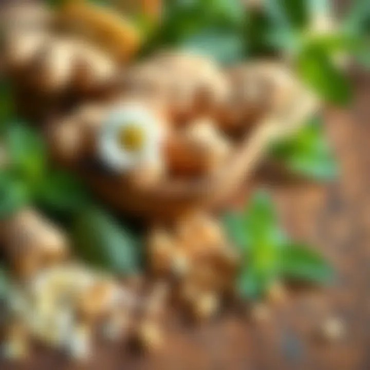 A collection of herbal ingredients like ginger, chamomile, and peppermint on a wooden table, representing natural remedies for heartburn and gastritis.