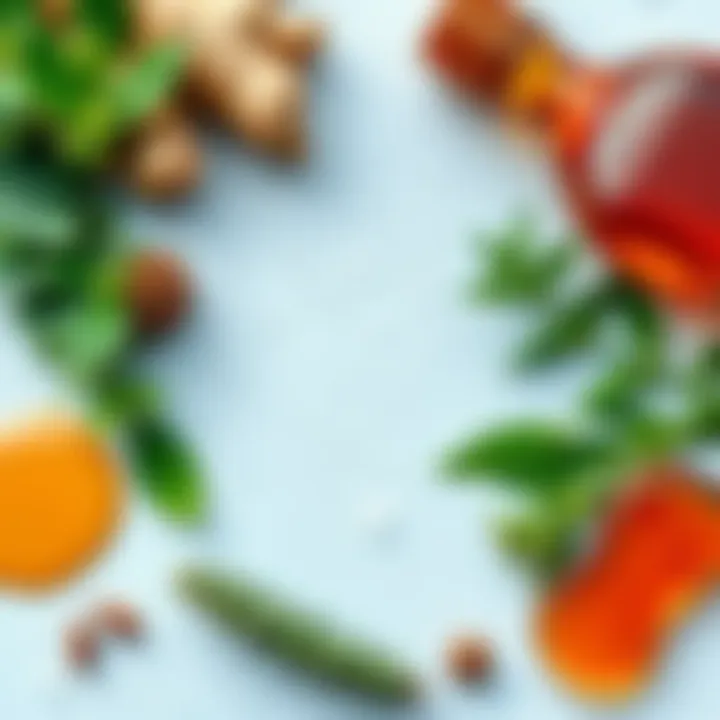 Herbal remedies for throat and sinus relief A collection of herbal ingredients like ginger, honey, and eucalyptus arranged for throat and sinus infection relief