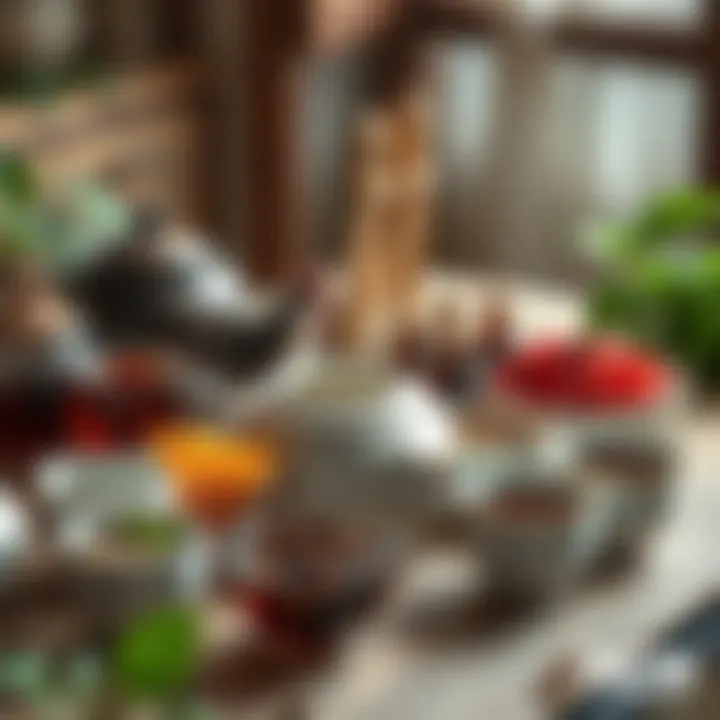 A table displaying various traditional Chinese herbs and teas used to support stomach health, with a teapot and cups